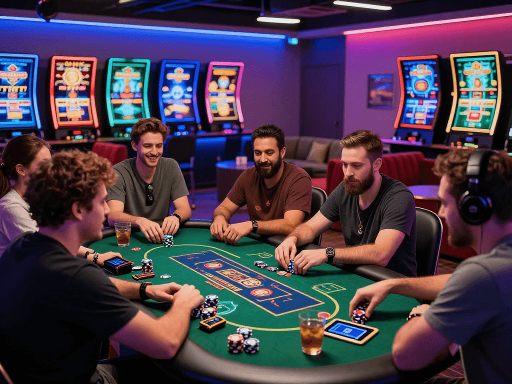 Exciting crypto casino scene with diverse players engaged in gaming and digital betting activities.