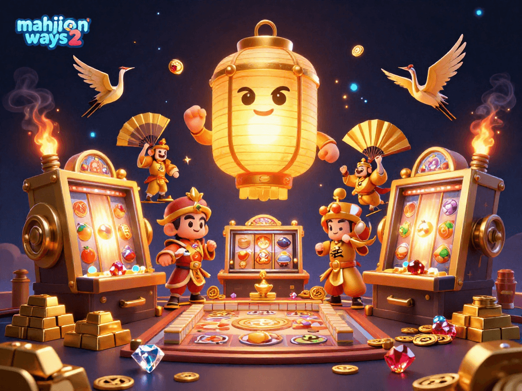 Engage in mahjong ways 2 with vibrant casino visuals, showcasing a golden lantern spirit and slot reels.