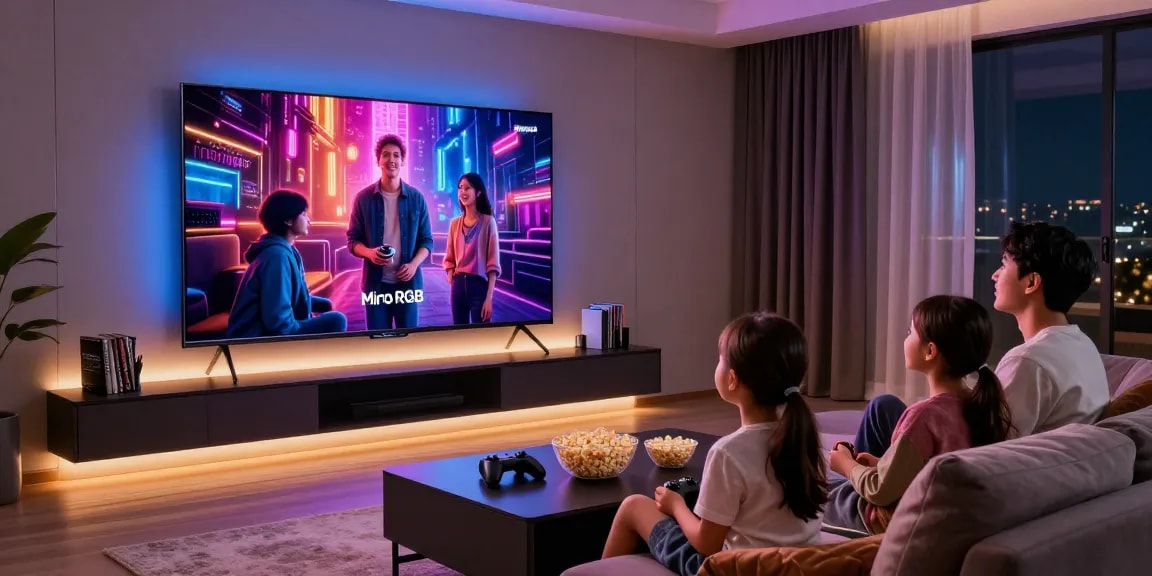 Family enjoying a movie night on a Samsung Micro RGB TV in a modern home theater.