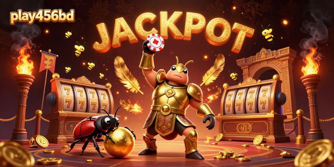 Join play456bd's exciting adventure with a heroic beetle winning at slots and all the energy of a jackpot celebration!