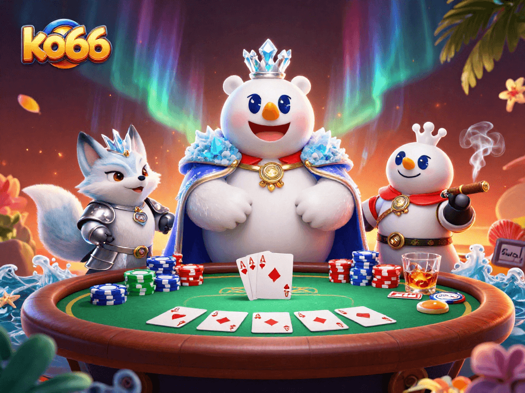 Engage in thrilling poker action with ko66; a vibrant scene featuring dynamic characters and classic casino elements.