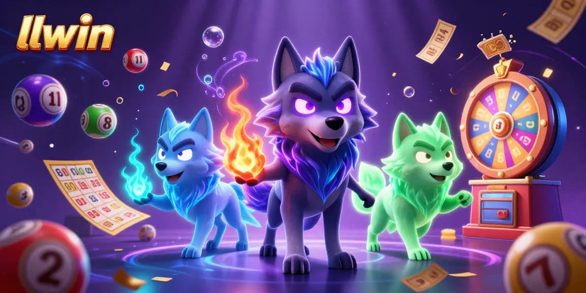 llwin offers exhilarating gaming experiences with a dynamic scene of animated wolves and colorful lottery elements.