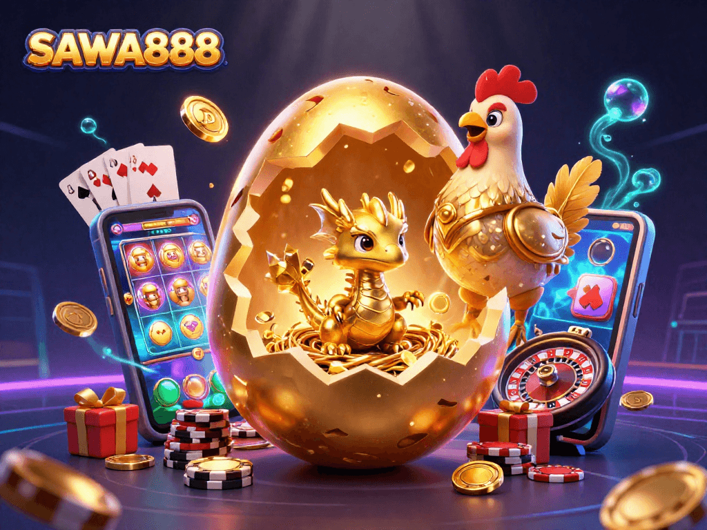 Spin and win with SAWA888 as a golden dragon emerges from an egg of poker chips, showcasing thrilling gaming elements.