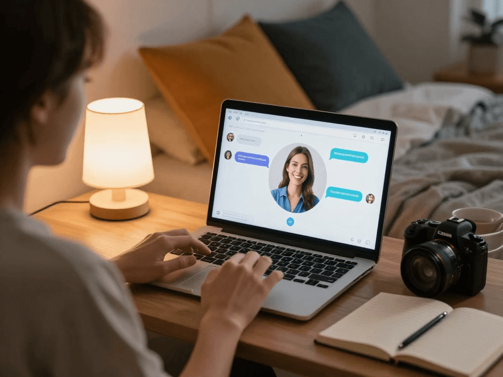 User interacting with sex chat AI on laptop in cozy bedroom, showcasing modern digital companionship.