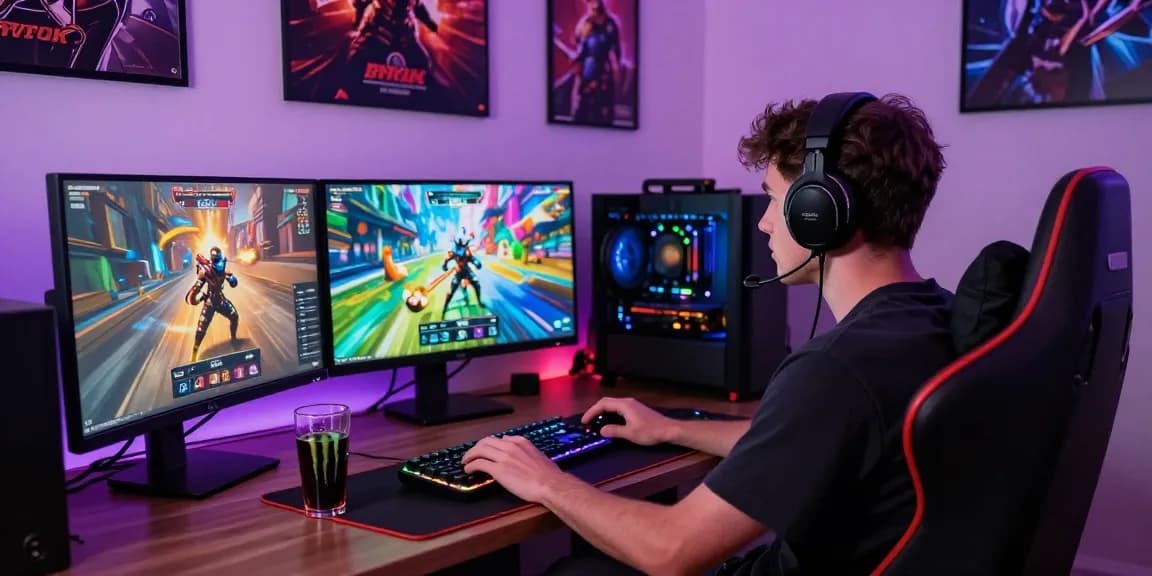 Engaging gamer immersed in HTML porn game at a vibrant gaming setup with colorful graphics and modern equipment.