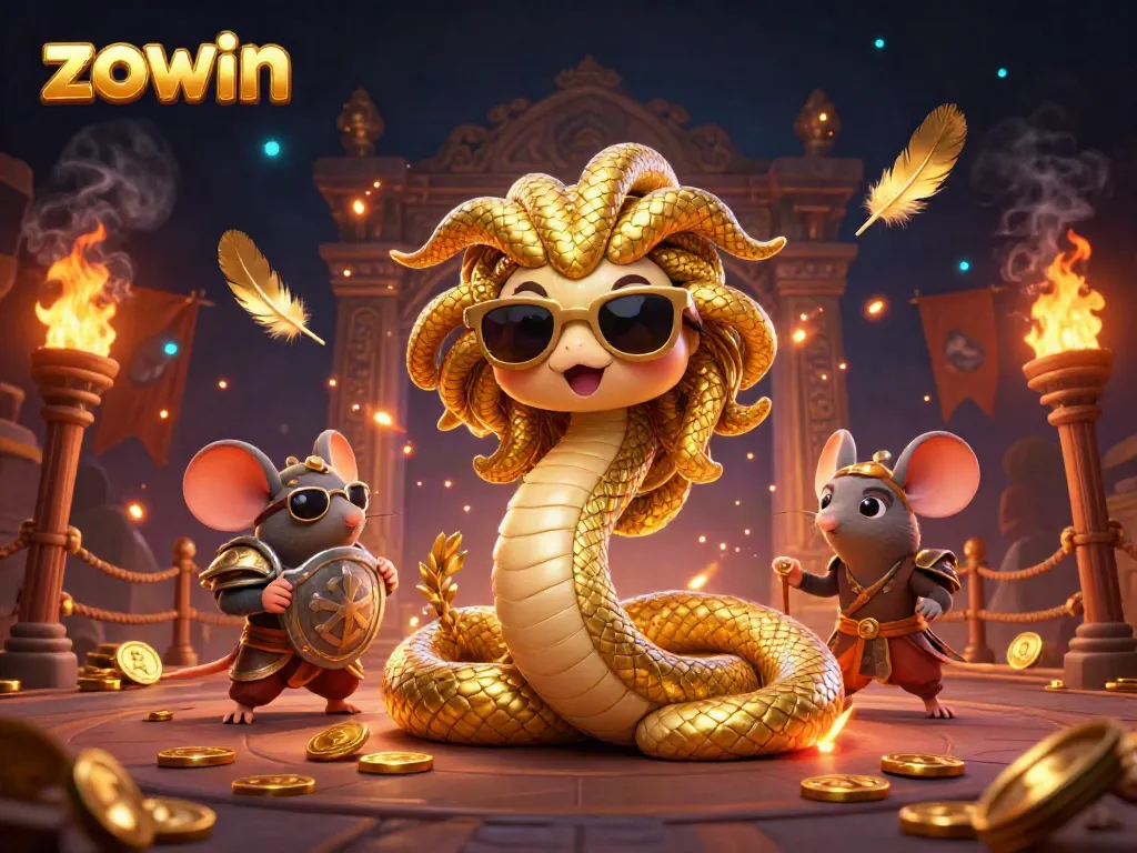 Zowin's vibrant casino illustration featuring a friendly Medusa and warrior mouse amidst gambling symbols.