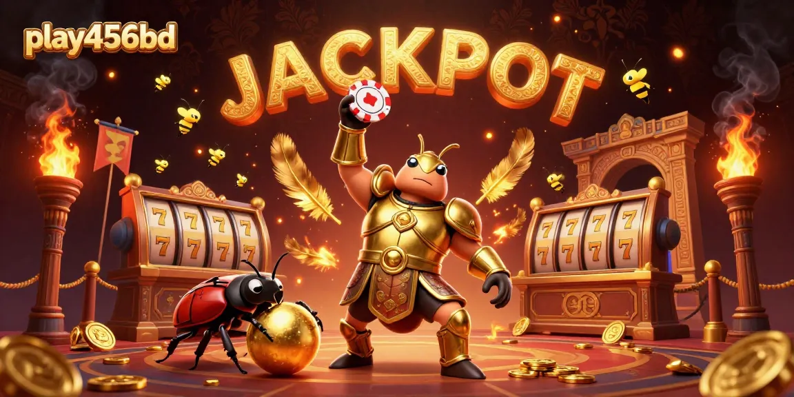 Join play456bd's exciting adventure with a heroic beetle winning at slots and all the energy of a jackpot celebration!