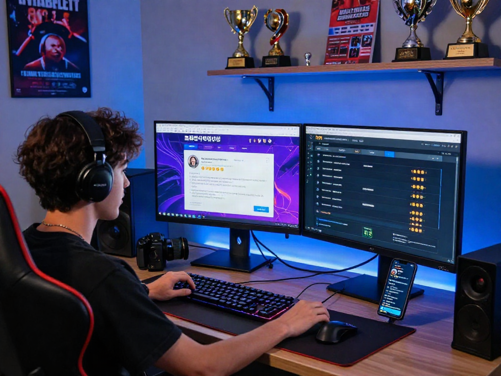 Engaged user in a dynamic 토토사이트 검증 먹튀스팟 online gambling community, interacting with dual monitors displaying safety ratings and live betting odds.