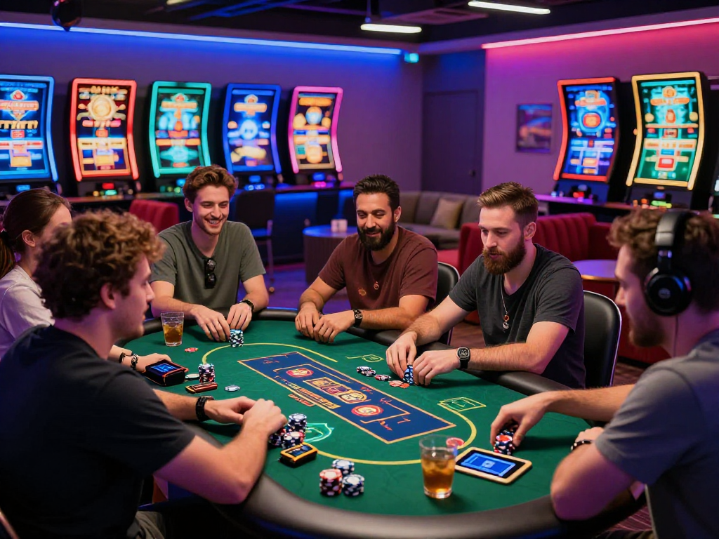 Exciting crypto casino scene with diverse players engaged in gaming and digital betting activities.