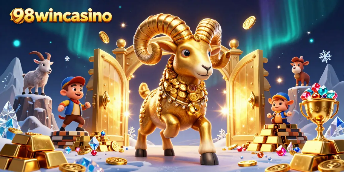 Experience the thrill of 98wincasino with a golden ram charging at treasure, surrounded by jewels.