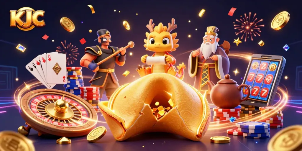 KJC celebrates wins in casinos with a vibrant animated 3D illustration showing lucky symbols and characters.