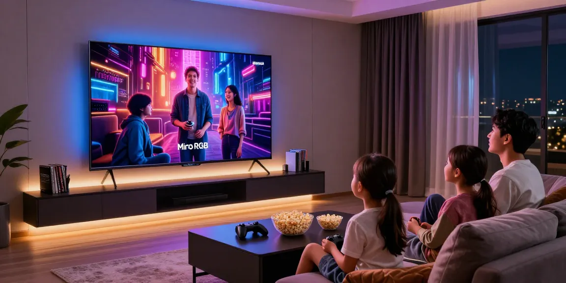 Family enjoying a movie night on a Samsung Micro RGB TV in a modern home theater.