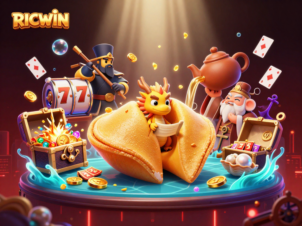 Experience the thrill of RICWIN with a vibrant 3D casino scene featuring a golden fortune cookie.