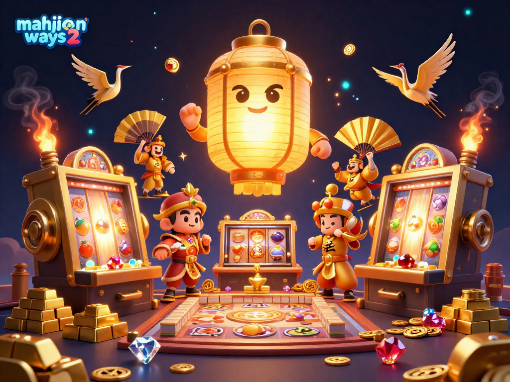 Engage in mahjong ways 2 with vibrant casino visuals, showcasing a golden lantern spirit and slot reels.