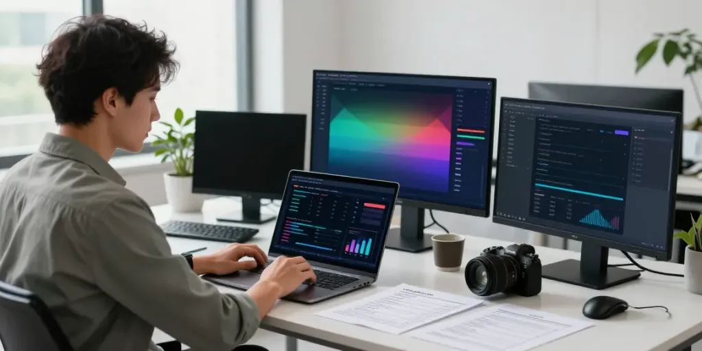 Digital marketer analyzing instant indexing reports in a modern office.