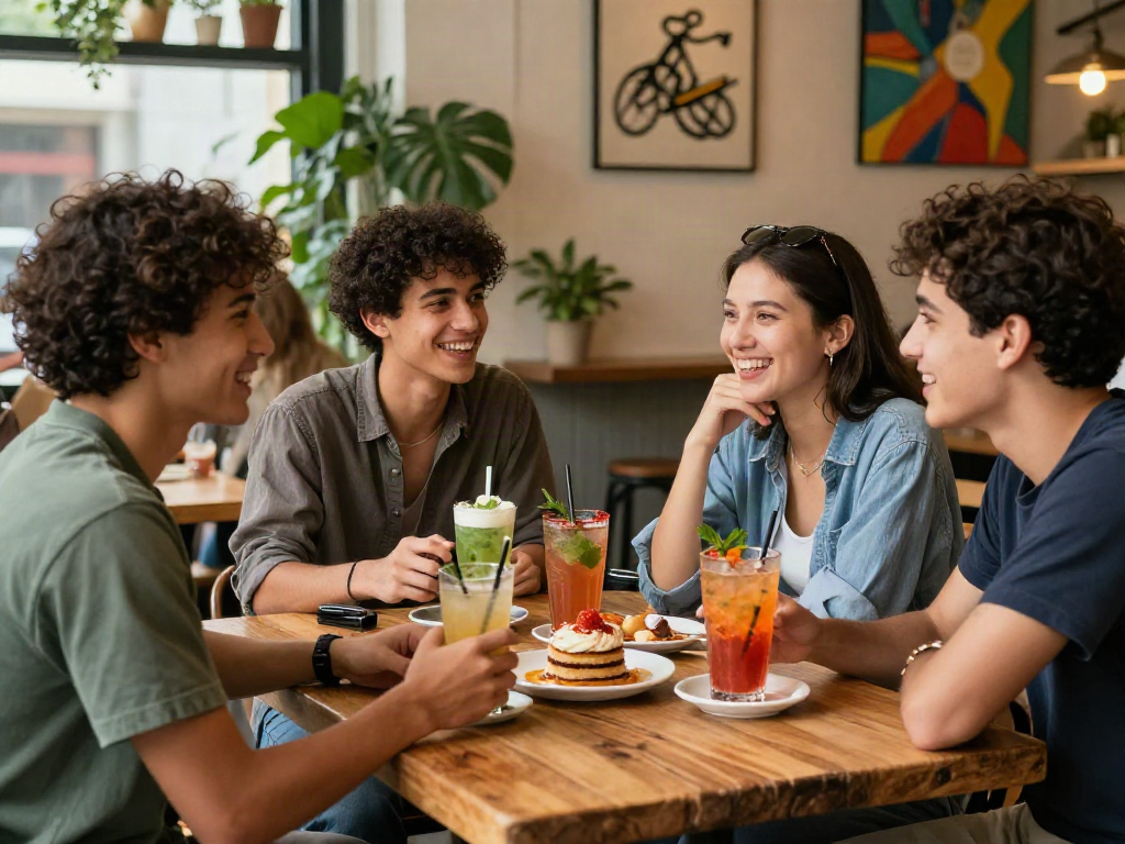 Group enjoying a spicy chat with drinks in a lively café setting.
