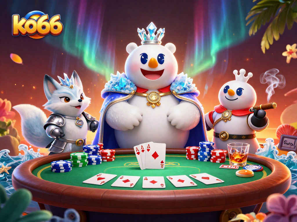 Engage in thrilling poker action with ko66; a vibrant scene featuring dynamic characters and classic casino elements.