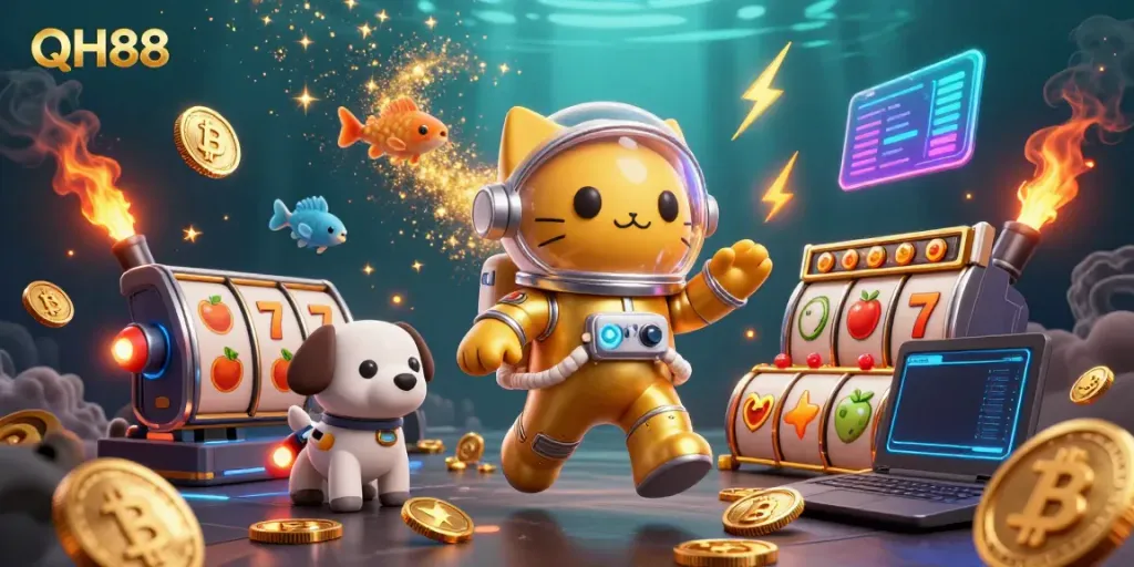 Experience the thrill of QH88 with a vibrant casino-themed illustration, showcasing games and crypto elements.