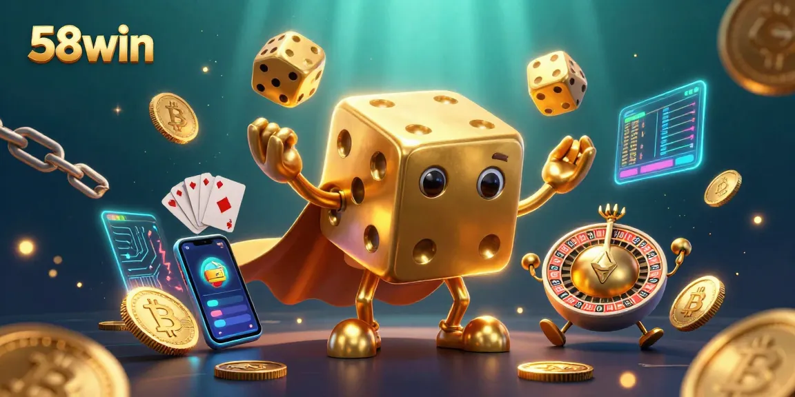 Play exciting games at 58win with our dazzling golden dice golem, illustrating vibrant gambling fun.