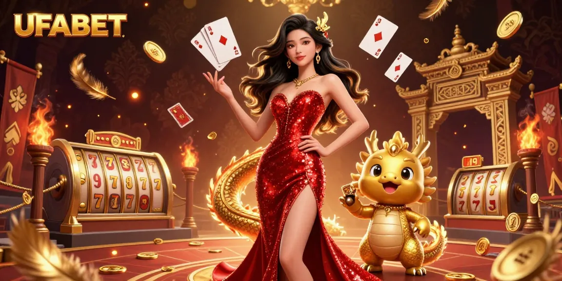 Experience UFABET's vibrant casino atmosphere with a stunning woman and golden dragon mascot.
