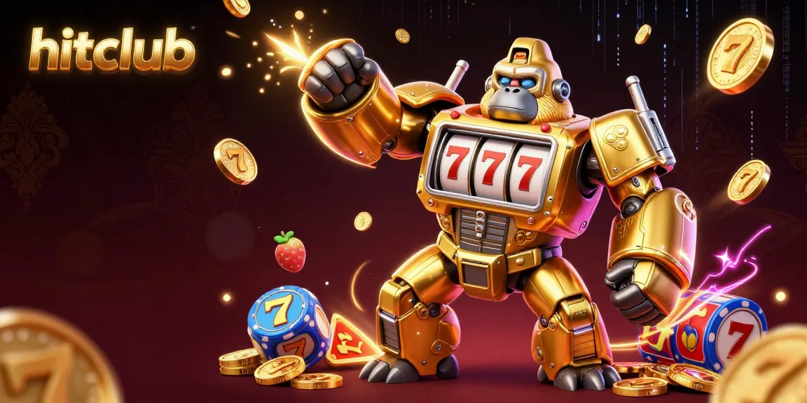 Hitclub features a vibrant golden gorilla mech, symbolizing immersive gaming experiences amid glowing slot reels and coins.