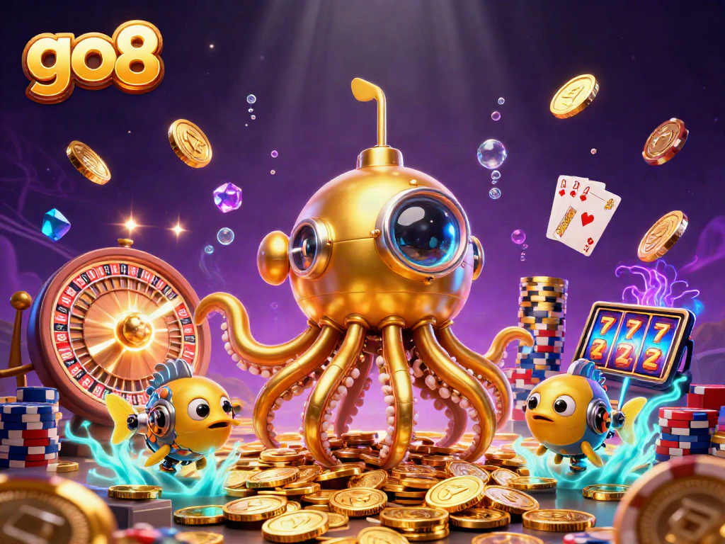 Experience the thrill of go8 casino with a vibrant 3D illustration featuring a golden kraken submarine amidst cascading coins and gems.