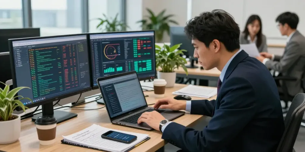 Professional conducting a crypto scam investigation in a modern office setting.