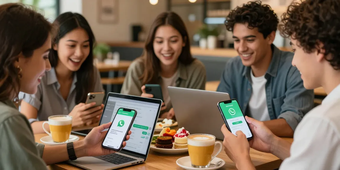 Group of friends discussing WhatsApp下載 in a cozy café setting with smartphones and laptops.