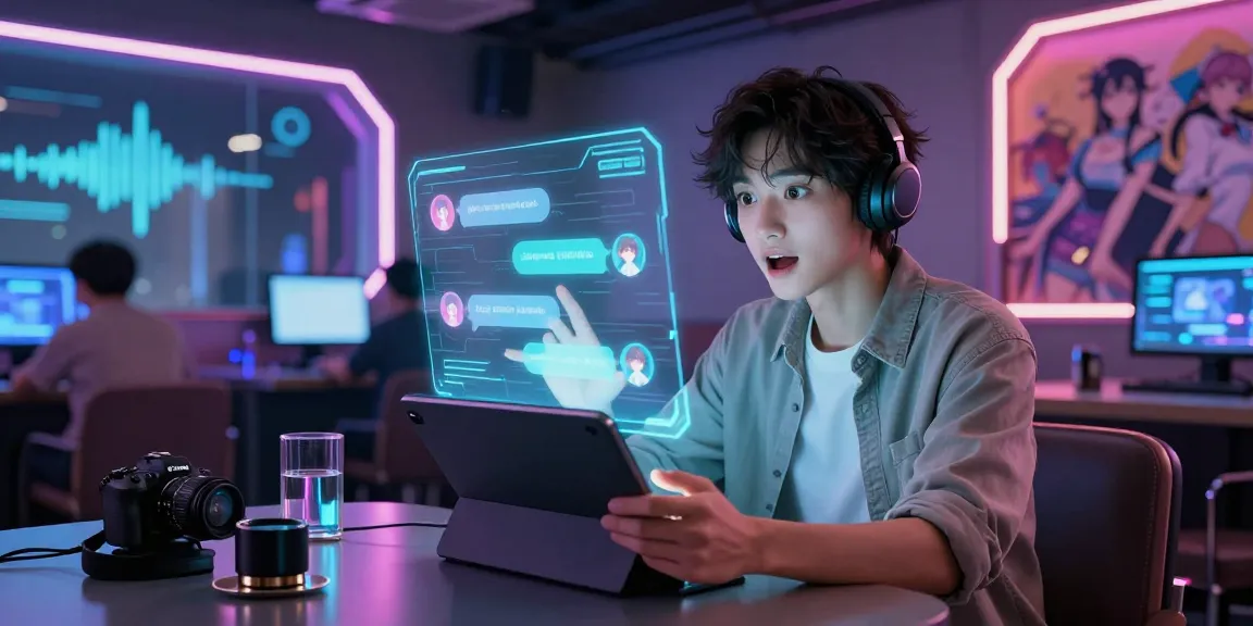 Engaging in free ai ecchi chat with a virtual anime character in a vibrant cyber café, showcasing an interactive holographic interface.