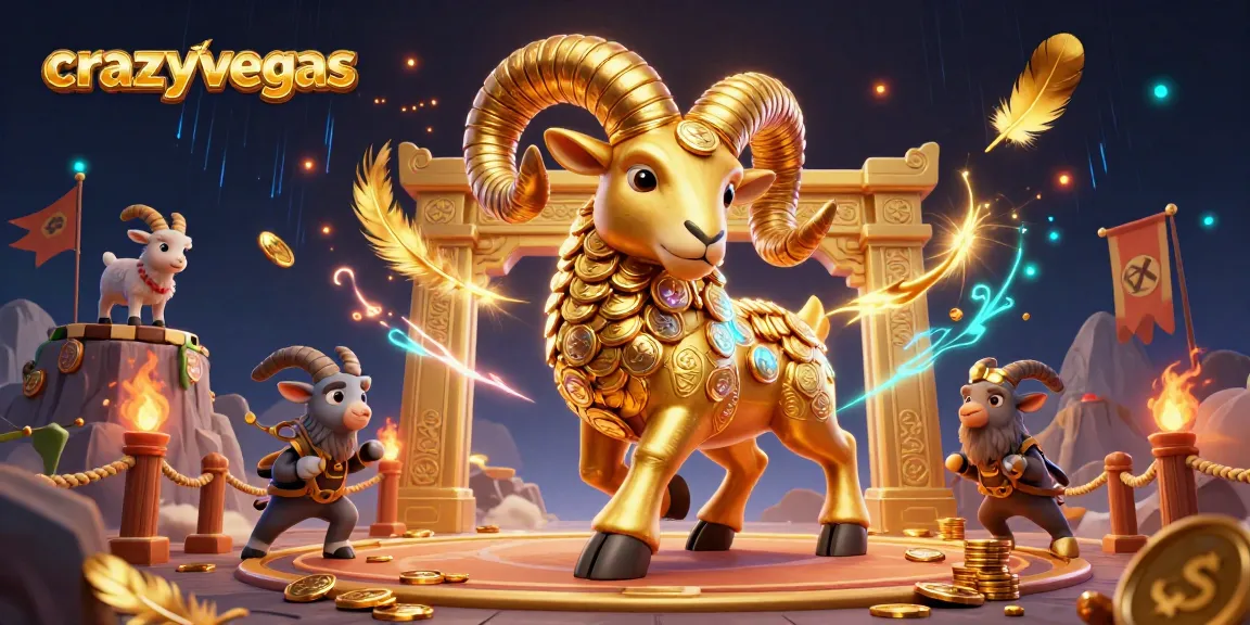 Experience excitement at crazyvegas with a majestic golden ram charging at a casino-themed arena.