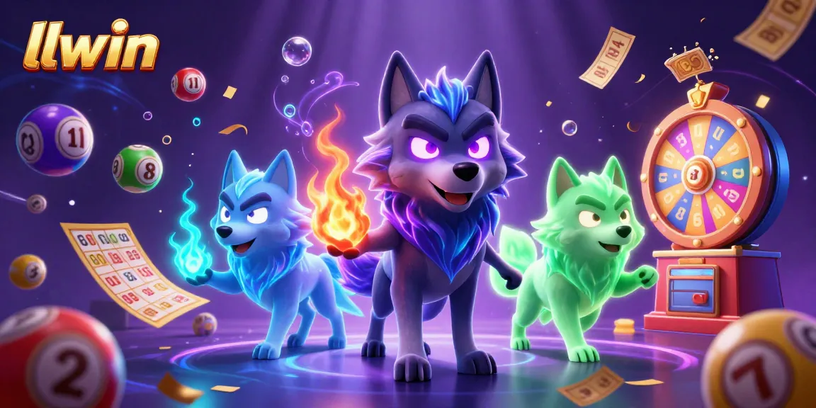 llwin offers exhilarating gaming experiences with a dynamic scene of animated wolves and colorful lottery elements.