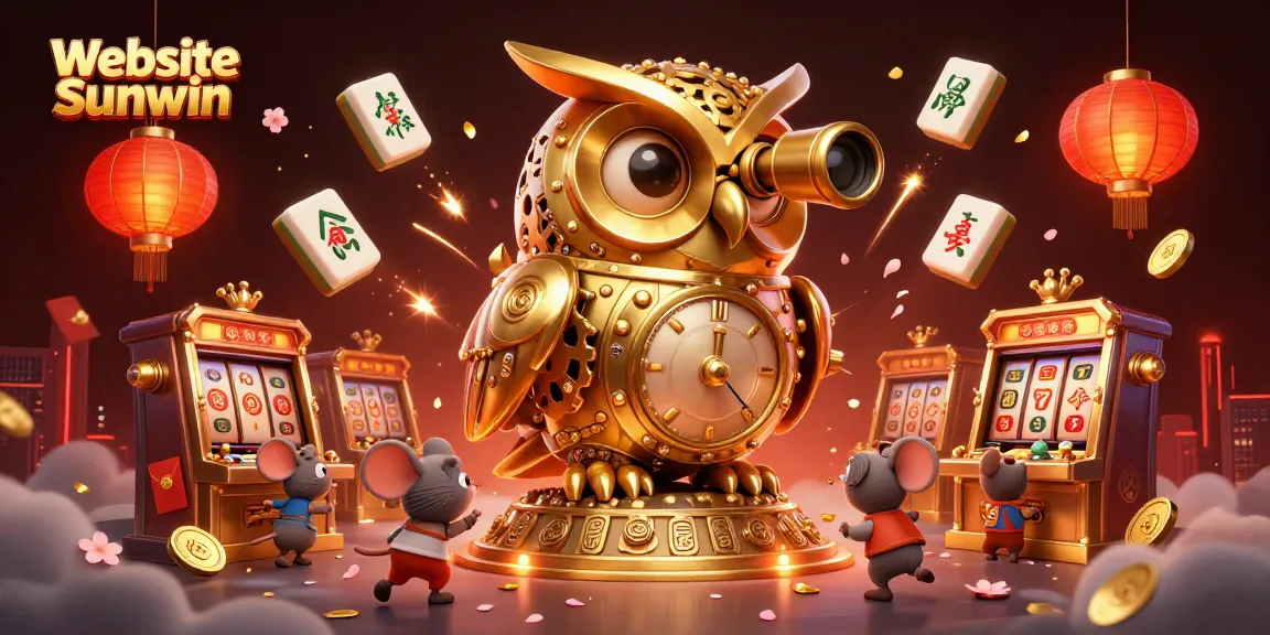 Engage with the exciting Website Sunwin casino atmosphere featuring a golden owl, mice patrons, and slot machines.