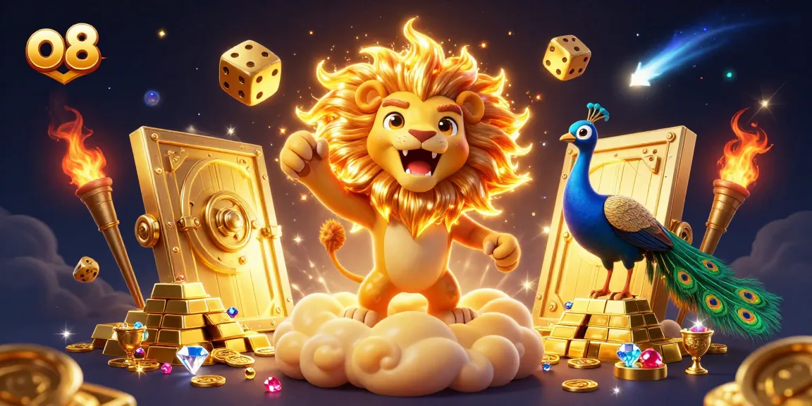 Win big at o8 with a roaring lion and cosmic dice in a vibrant, festive casino scene.