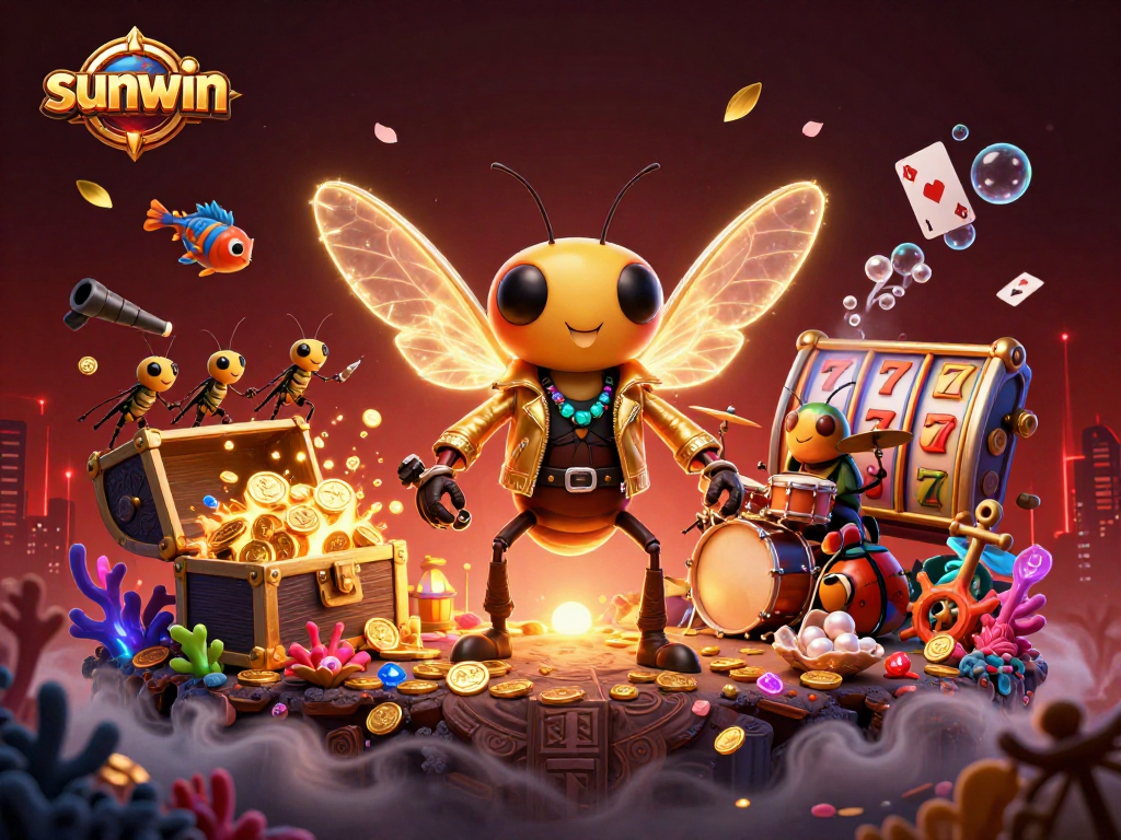 Experience exciting wins at sunwin with a dynamic scene of a rock star cicada and vibrant casino elements.