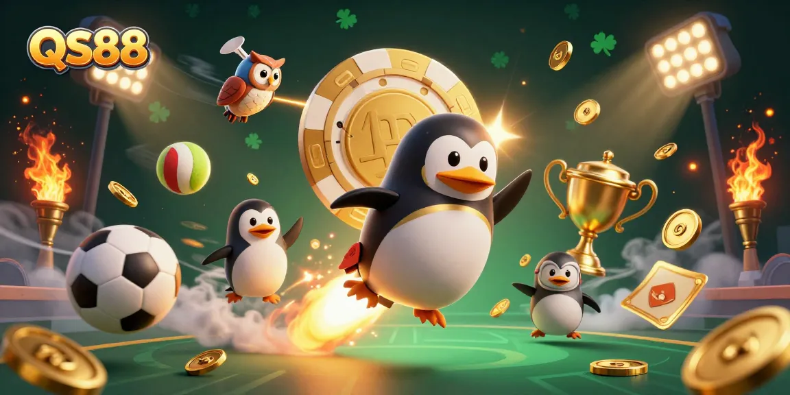Experience thrilling gaming at QS88 with a golden penguin and casino-themed elements.