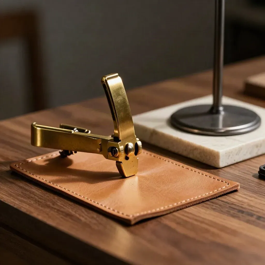 Brass clamp, leather swatch and mini pedestal on walnut in dramatic dark studio light.