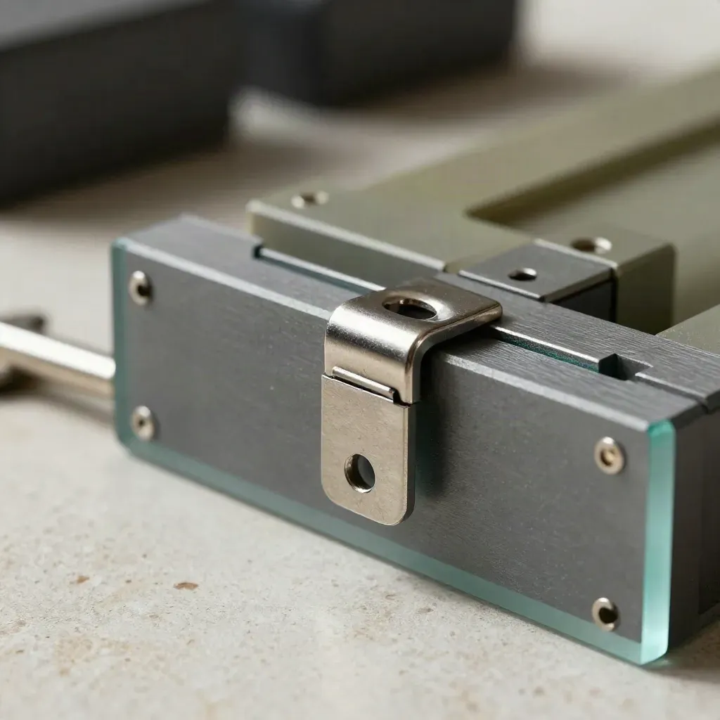 Macro of modular demo blocks, latch and spacer wedge on stone with cyan accents