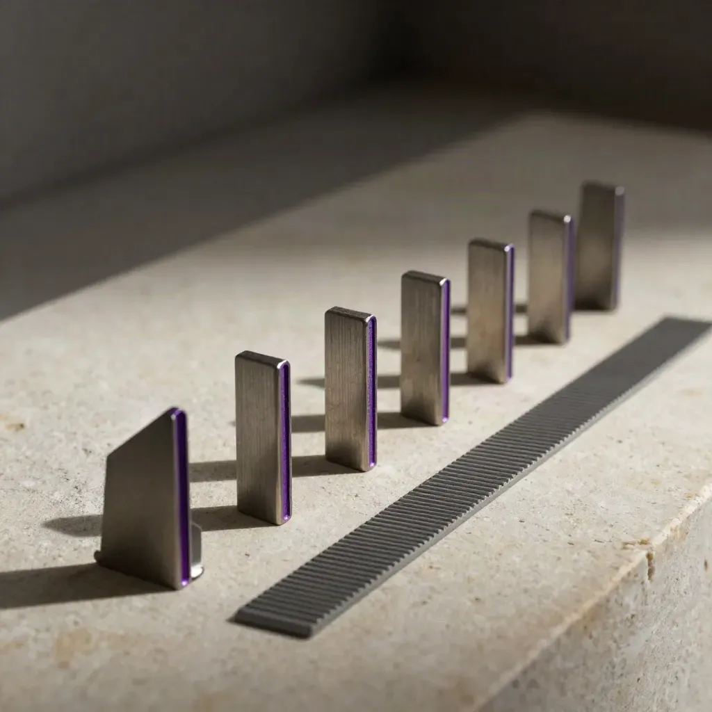 Macro flat lay of guide pegs, routing blocks and a strip on warm stone with violet accent.