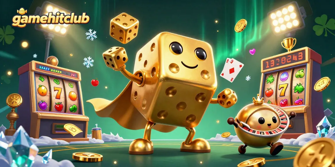 Engage in gameplay with gamehitclub featuring a golden dice golem, slot machines, and vibrant casino elements.
