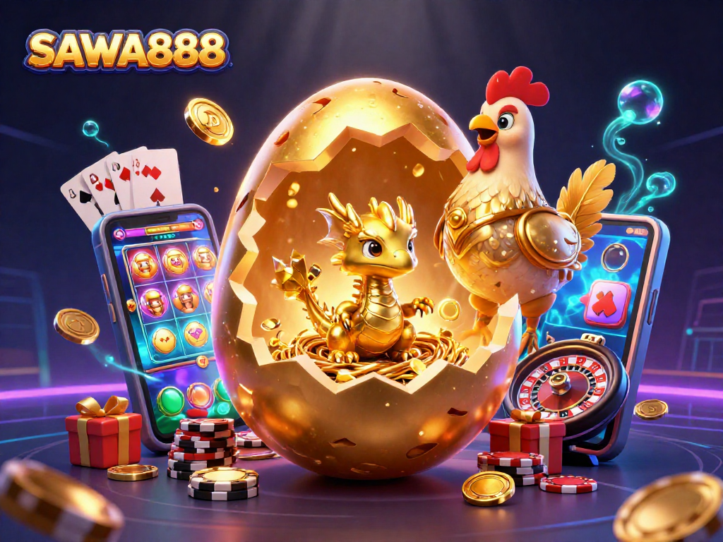 Spin and win with SAWA888 as a golden dragon emerges from an egg of poker chips, showcasing thrilling gaming elements.