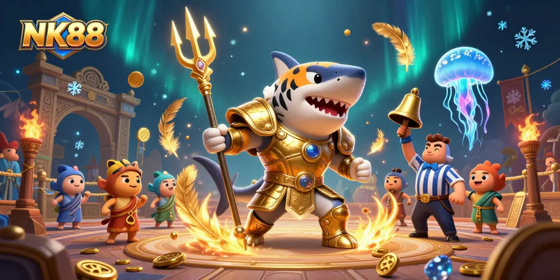 Engage in thrilling gameplay at NK88, featuring a tiger shark gladiator in a vibrant arena.