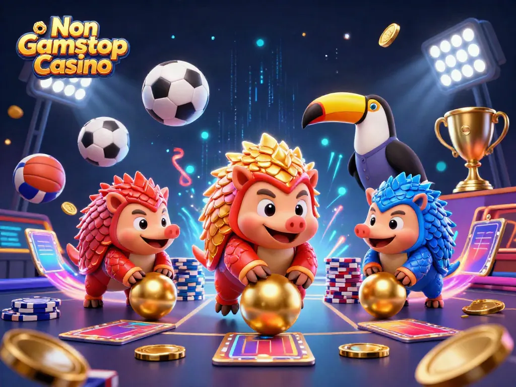 Non Gamstop Casino scene featuring competitive pangolins and vibrant gaming elements.