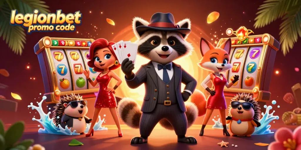 Activate the legionbet promo code for exciting payouts, featuring dynamic casino characters and symbols.