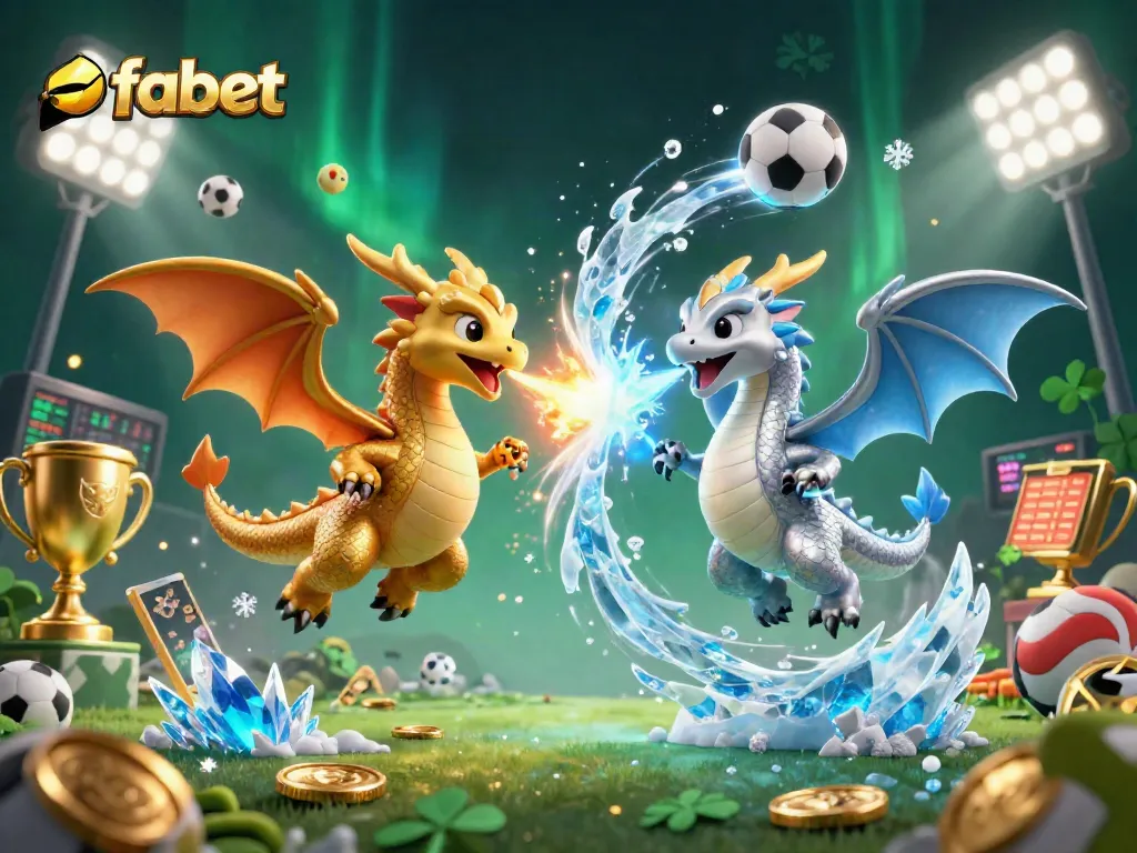 Engage with fabet's exciting sports betting atmosphere featuring dynamic dragon battles amidst sports elements.