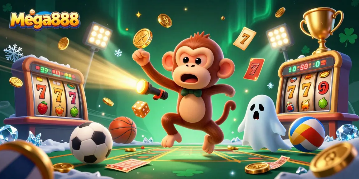 Immerse in the world of mega888 where a mischievous monkey juggles golden casino elements in a haunted scene