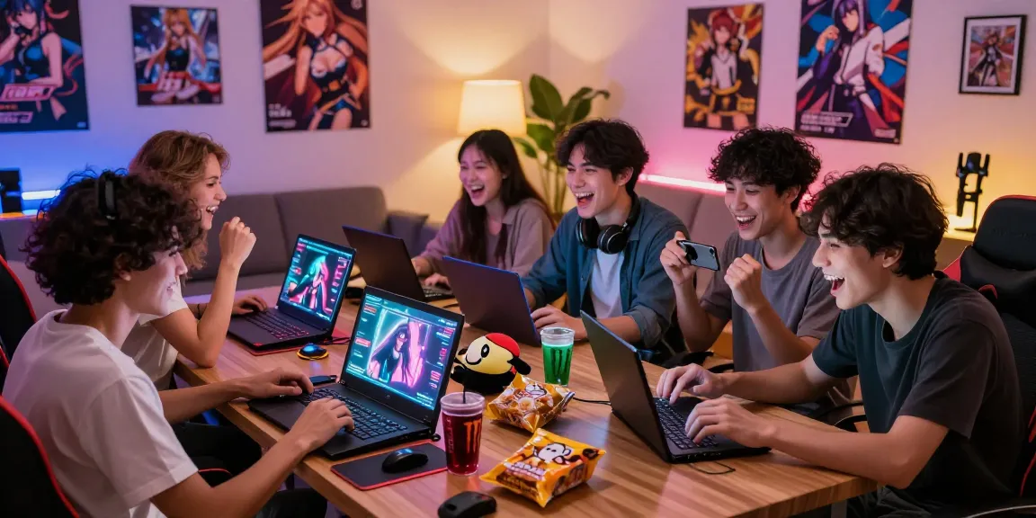 Engaging scene of friends playing mind control hentai games, showcasing lively expressions and colorful gaming setup.
