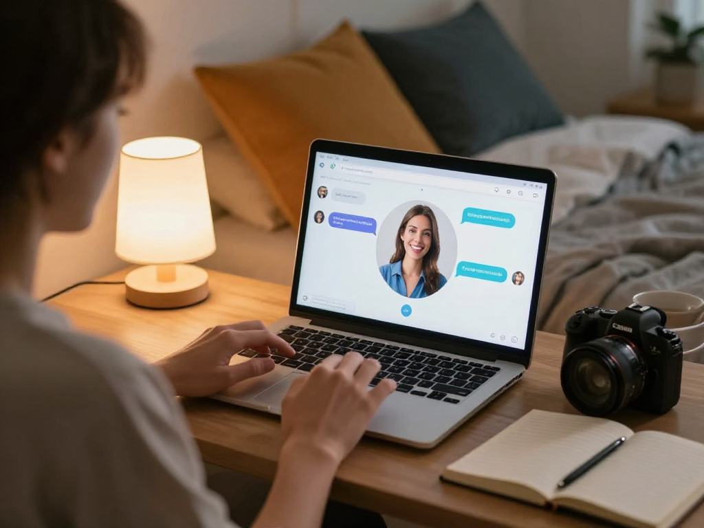 User interacting with sex chat AI on laptop in cozy bedroom, showcasing modern digital companionship.