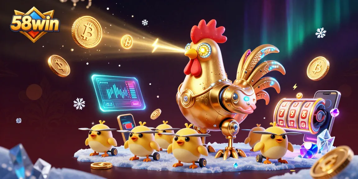 Engage with 58win's exhilarating casino experience featuring a robot rooster and cryptocurrency elements.