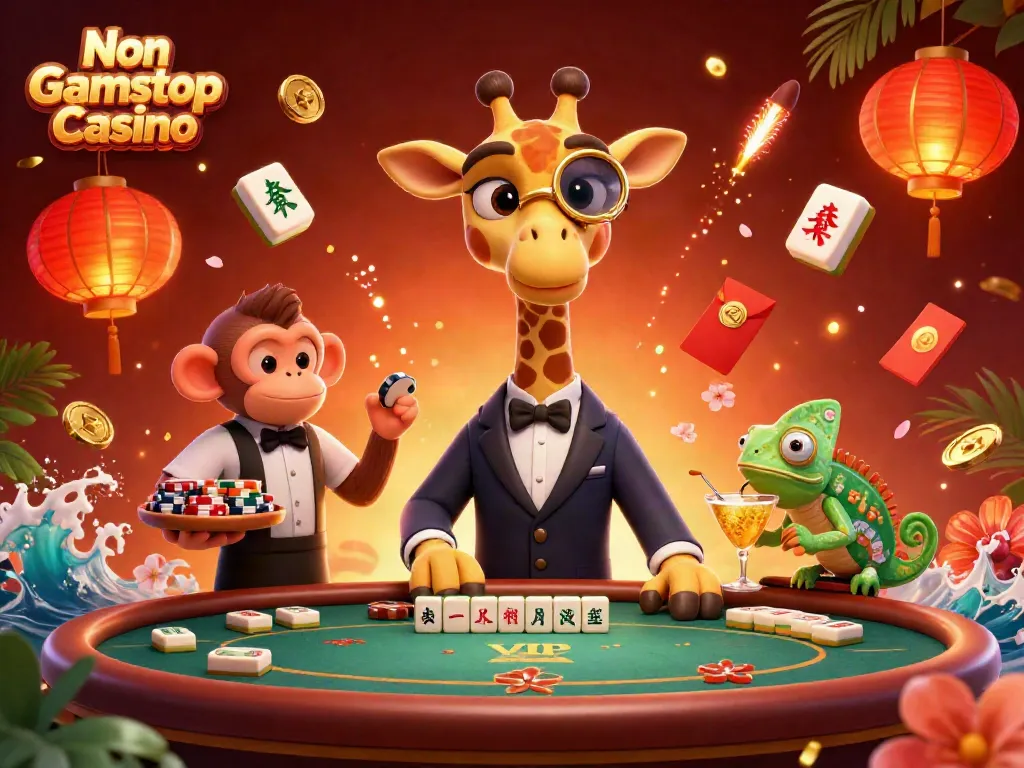 Experience the excitement of a Non Gamstop Casino with a lively giraffe, monkey, and chameleon in a vibrant card scene.
