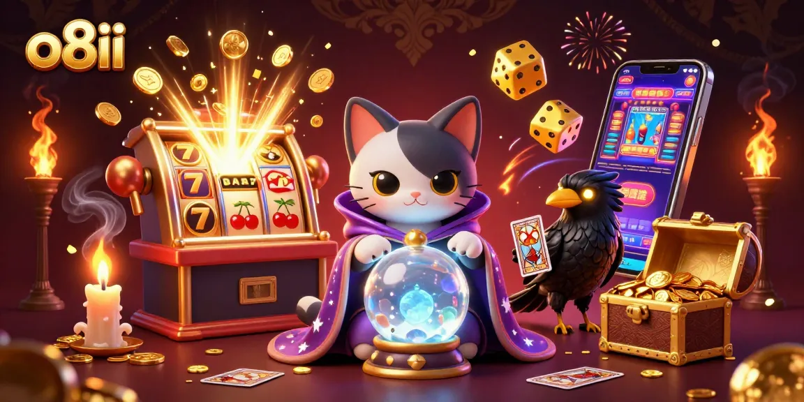 Play thrilling casino games at o8ii with a dynamic 3D illustration featuring fortune teller cat and golden slot bursts.